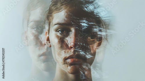 fractured portrait of a person struggling with dissociation, with their features duplicated and blurred.