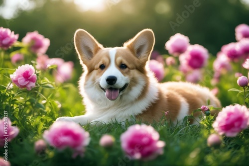 'dog haired natural red green puppy corgi flowers lush grass peonies surrounded cute pink fragrant lies happy smiles meadow flower peony smile tongue muzzle portrait rest summer nature background' © akkash jpg