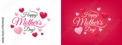 Mother's day greeting card. Banner with flying pink hearts. Mother's day holiday background. Love mom hand drawn lettering and calligraphy with cute 3d hearts. Greeting card. Vector illustration