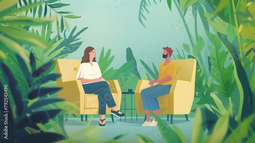 home environment with a relaxed patient receiving a mental health consultation from a therapist in a calming virtual forest setting.