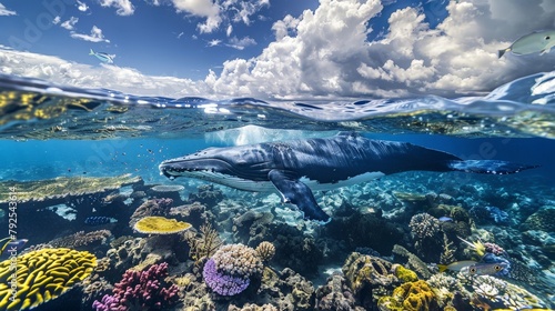 Beneath the waves  a split view reveals the majestic presence of a whale gliding gracefully alongside vibrant marine life.