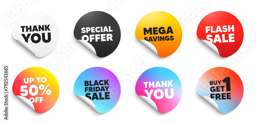 Round sticker labels. Thank you, Flash sale, Black friday gradient price tag. Special offer paper round stickers with corner. 50 percent discount off round sticker banner. Mega savings label. Vector