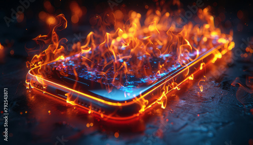 Fireflame on screen from mobile phone lies on table,neon lights,black background,generative ai photo