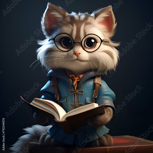 Cute kitten in glasses reading a book on a dark background. photo