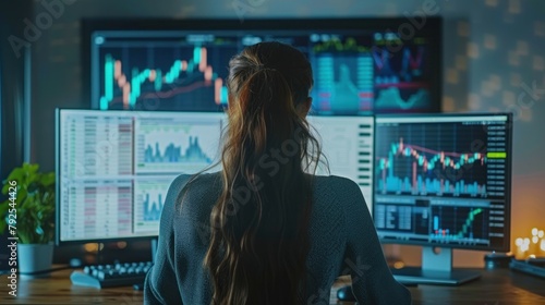 Back view of woman sitting at desktop front PC computer with financial graphs and statistics on monitor. Analysis of digital market and investment in block chain crypto currency. Stock trade