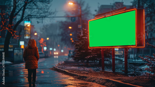Digital ad for mock up. green screen. In street at night,generative ai