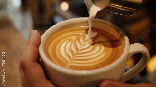 Professional barista pours milk into a cup of coffee