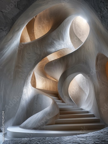 Abstract Modern Architecture with Curvilinear Staircase and Light Play