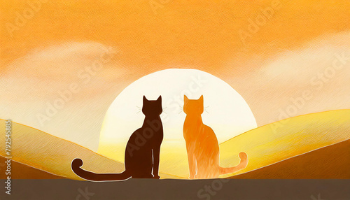 Two cats sit to watch and enjoy the sunsrise together in a serene and calming landscape.