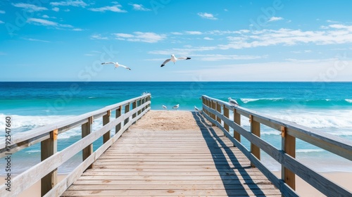 A pier stretches out towards the beach while seagulls gracefully soar overhead © Muhammad