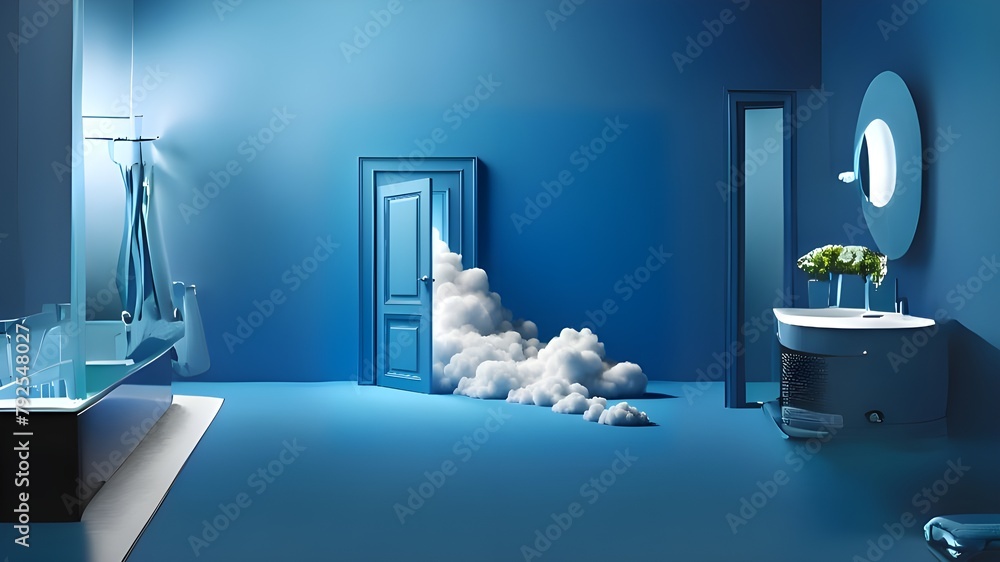 3d render blue door background, blue theme background, clouds, cotton ...