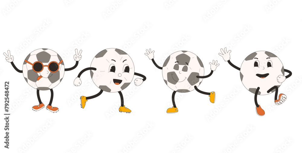 Obraz premium Football ball cartoon mascots set. Soccer retro characters. Sport equipment isolated on white background. Vector illustration.