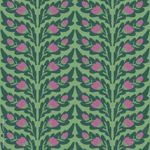 Violet wildflowers seamless pattern. Floral endless background. Botanic repeat cover. flowers and foliage. Vector hand drawn illustration.