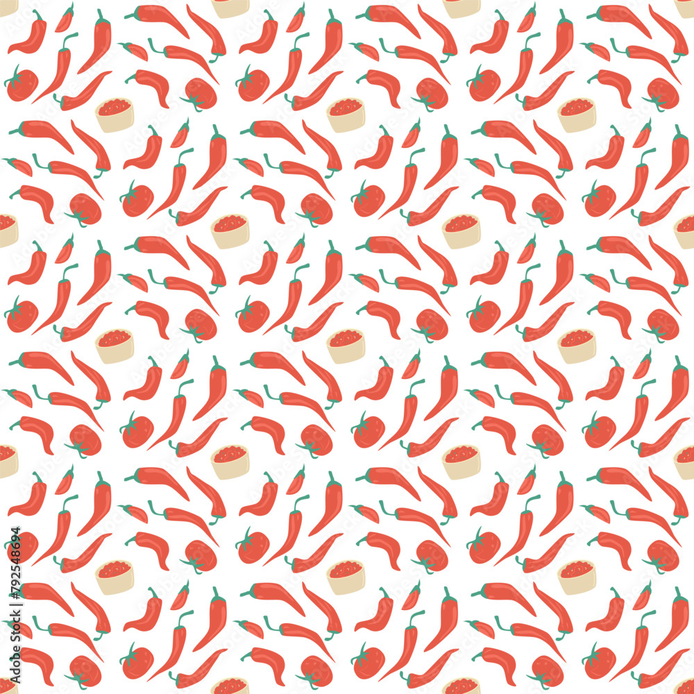 Salsa sauce seamless pattern. Mexican cuisine with pepper and tomato repeat background. Salsa rojo red endless cover. Vector hand drawn illustration. Salsa sauce seamless pattern. Mexican cuisine with pepper and tomato repeat background. Salsa rojo red endless cover. Vector hand drawn illustration.