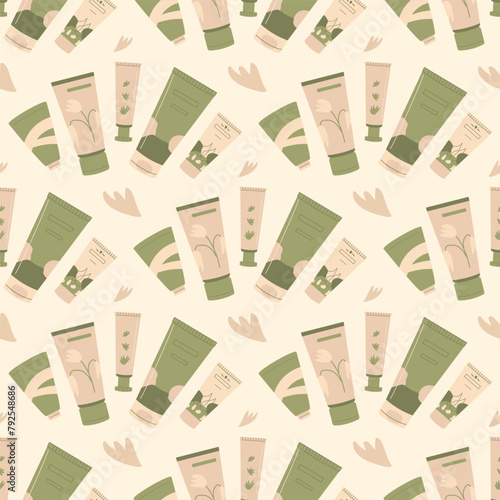 Spa and massage lotion beauty tubes seamless pattern. Cosmetics cream repeat cover. Moisturizing bodycare products endless background. Vector illustration.