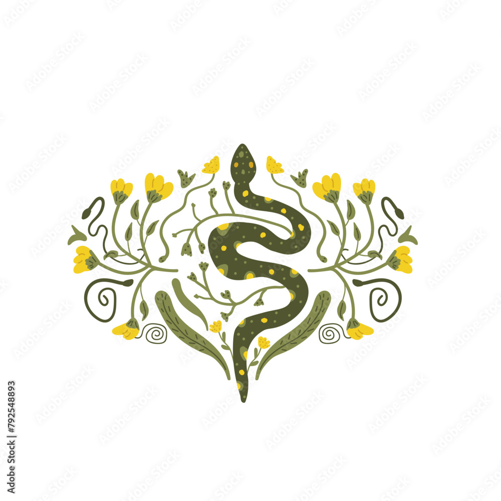 Green snake retro composition with flowers. Vector hand drawn illustration.