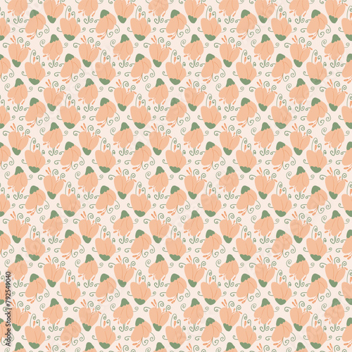 Peach fuzz wildflowers simple seamless pattern. Floral endless background. Flower bud repeat cover. Vector hand drawn illustration.