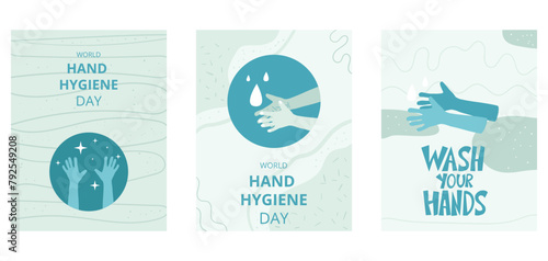 World hand hygiene day templates set. Wash your hands hand drawn lettering awareness background. Vector illustration.