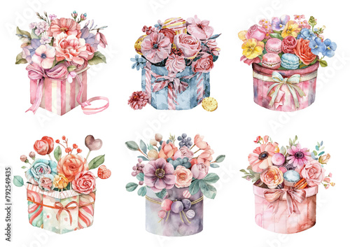Watercolor set of gift bouquets of flowers in boxes. Gift boxes with bouquets of flowers and macaroons. Various gift boxes with flowers and ribbons. Vector illustration.