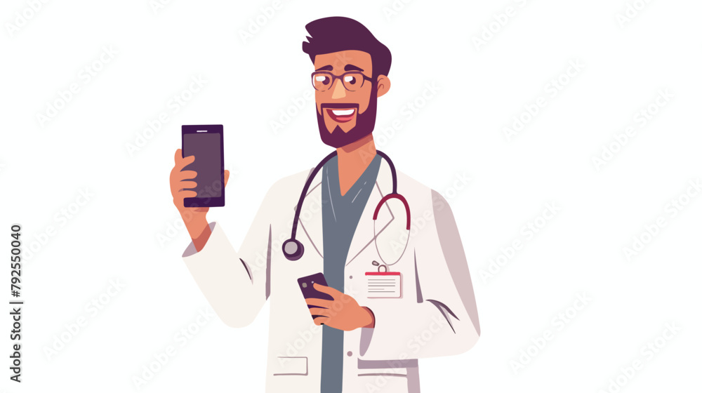 Online doctor man. Hand holding smartphone. Vector flat