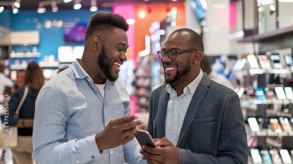 Two men are laughing and looking at their cell phones in a store