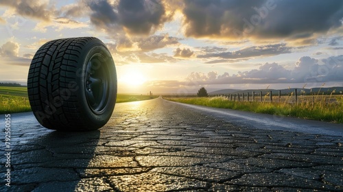 On an asphalt road, a mix of new winter and summer tires Ai generated image photo
