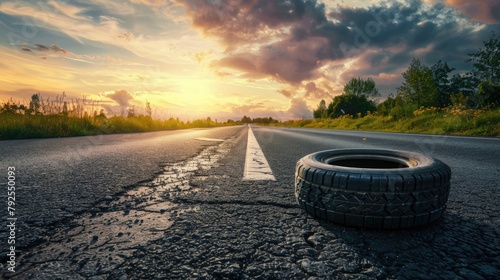 On an asphalt road, a mix of new winter and summer tires Ai generated image photo