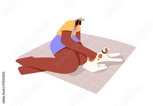 Owner in summer hat and her dog lying on picnic blanket together. Girl pets her spotted puppy. Person relaxes on beach with doggy at summertime. Flat isolated vector illustration on white background