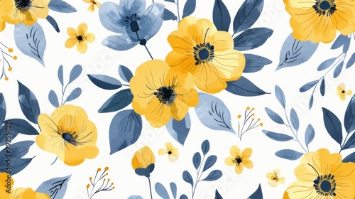 Abstract seamless pattern with yellow and blue flowers, leaves and plants © wanna