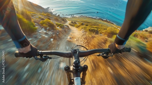 A riders perspective of rushing down a mountain bike trail. photo
