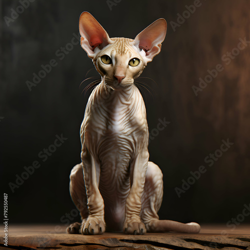 Sphynx cat sitting on a wooden table in the studio.
