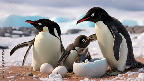 A penguin family is shown in the photo. There are two adult penguins and one baby penguin. The adult penguins are standing on either side of the baby penguin, and the baby penguin is standing in front