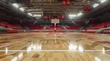 a basketball court with red bleachers and a wood floor.