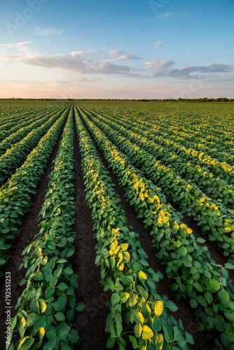 Rows of green soy plants in a field with a beautiful sunset sky