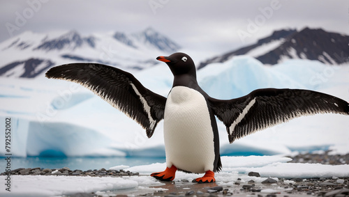 A penguin standing on a beach with its wings outstretched.  