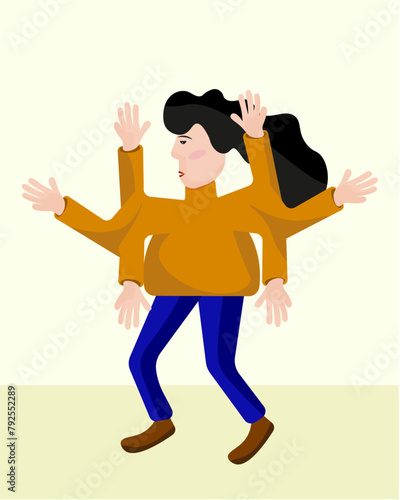 Multitasking woman concept , Busy businesswoman multitask activities with many hands at office, Overworked, Workaholic,Time management several objects concept illustration