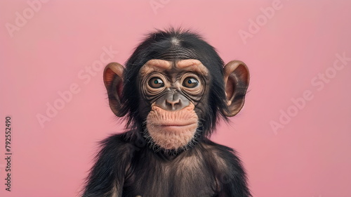 close-up portrait of a chimpanzee on an isolated pink background. © W.O.W