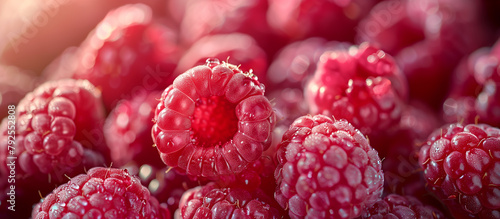 Fresh juicy raspberries close up. Healthy food, red berry background. Sweet healthy dessert.	
