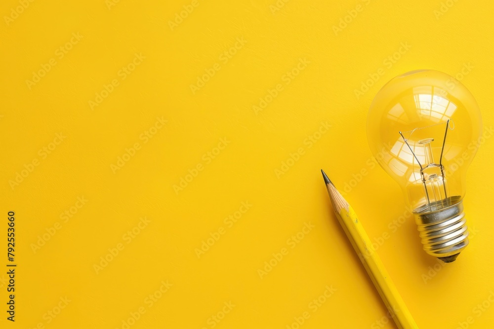 Business creativity and inspiration concepts with lightbulb and pencil on yellow background. motivation for success.think big ideas - generative ai Business creativity and inspiration concepts with lightbulb and pencil on yellow background. motivation for success.think big ideas - generative ai
