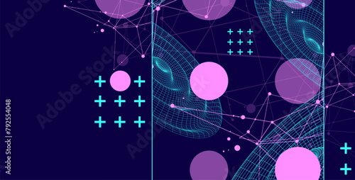 Template for science and technology presentation. Wireframe waves. Plexus style background.