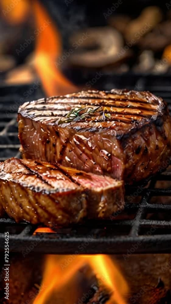 Close-up shot cooking steak on grill with flame in slow motion. Close-up shot cooking steak on grill with flame in slow motion.