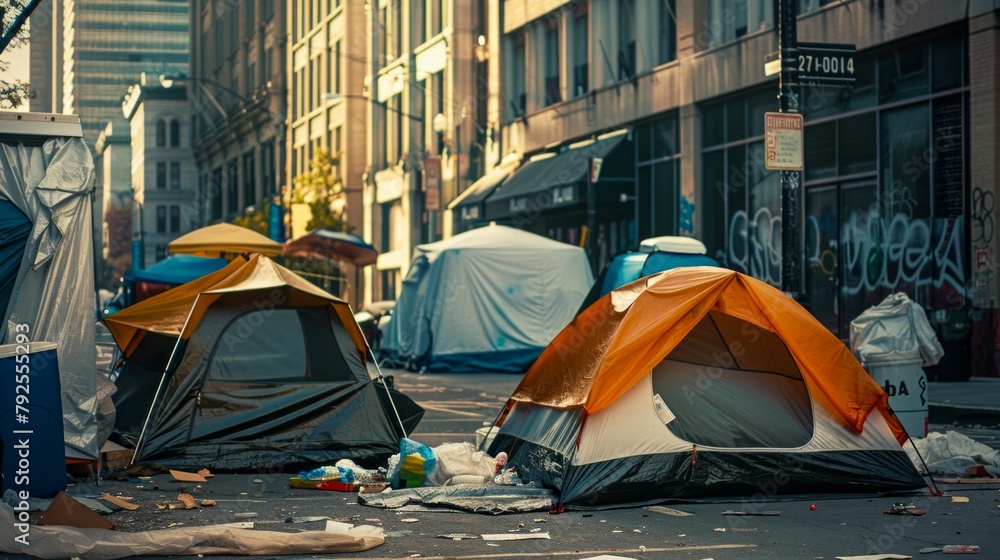 Urban Homelessness: Tents on a Littered City Street at Dusk. Generative ai - obrazy, fototapety, plakaty 