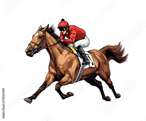 Jockey in red riding a galloping chestnut racehorse, illustrated in a detailed and dynamic vector style. Generative AI