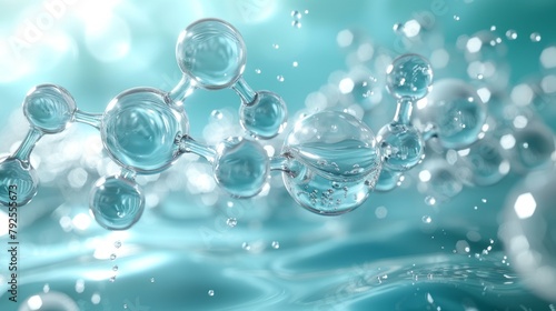 3D illustration of a molecule inside a liquid bubble on a DNA water splash background, representing the concept of cosmetic science and skincare technology.