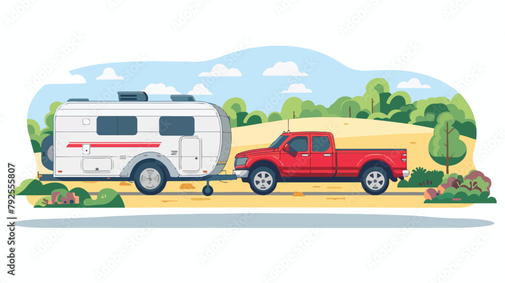 Pickup truck and trailer caravan on the road against