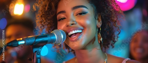A young woman happily singing into a microphone at a party. Concept Joyful Portraits, Fun Pose, Singing Performance, Party Lifestyle, Music Enthusiast photo