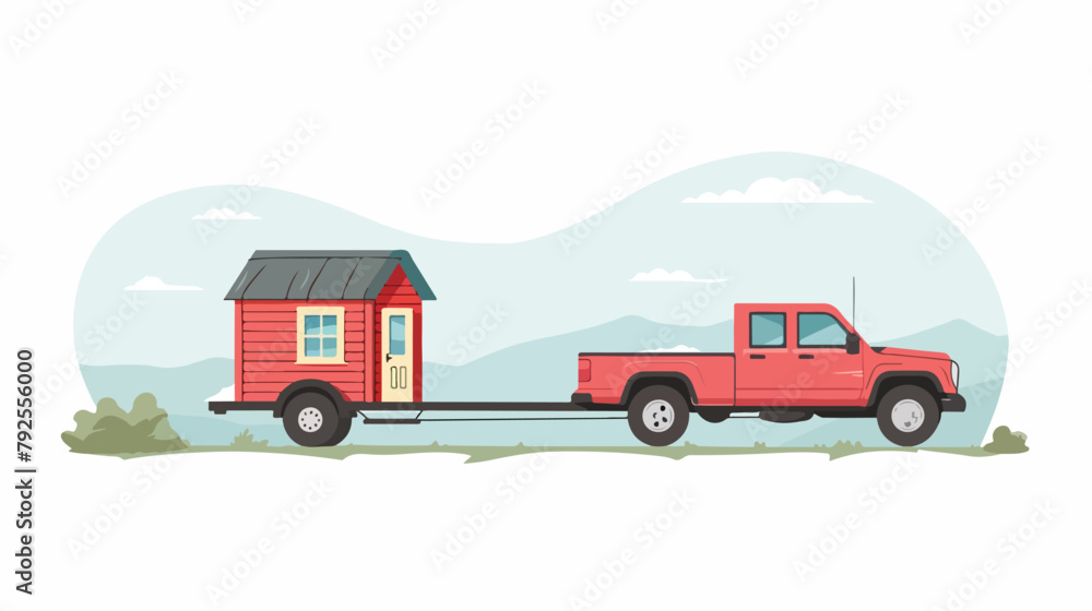 Pickup truck towing a tiny house on a wheeled chassis
