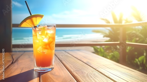 Refreshing Summer Cocktail on Wooden Table with Tropical Background  