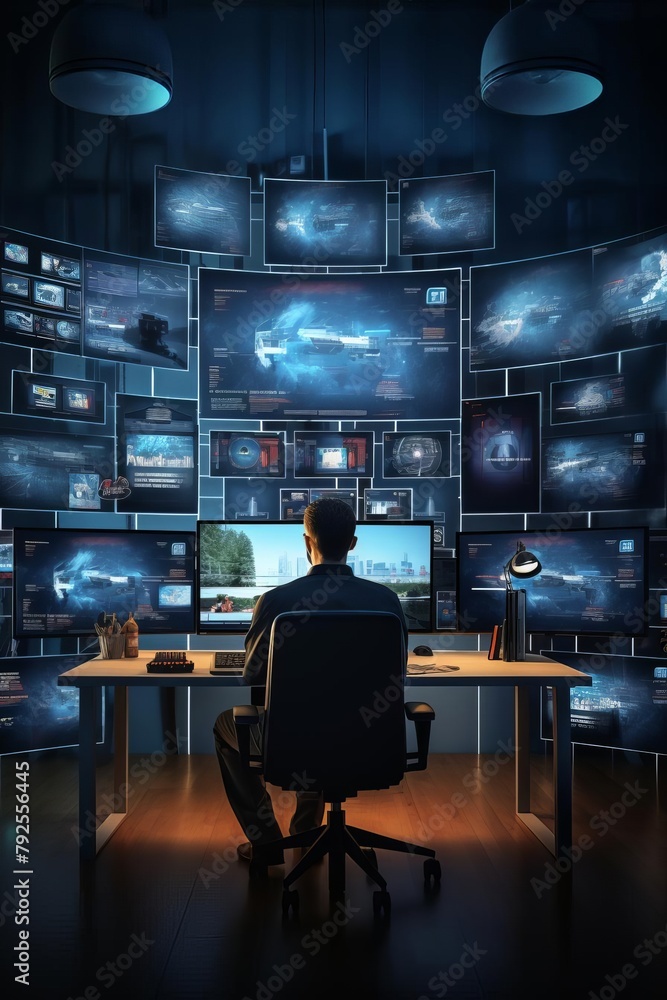 IT specialist providing remote support for a platform, multiple monitors showing system architecture