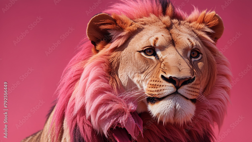 A lion with a pink mane is looking at the camera with a serious expression. The background is pink.

